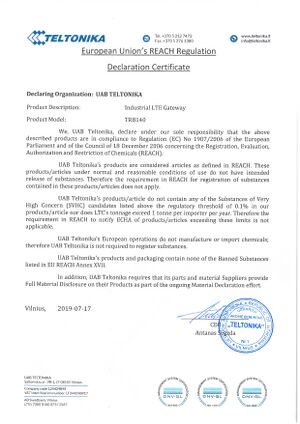 European Union's REACH Regulation Declaration Certificate TRB140.jpg