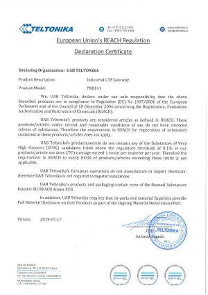 European Union's REACH Regulation Declaration Certificate TRB141.jpg