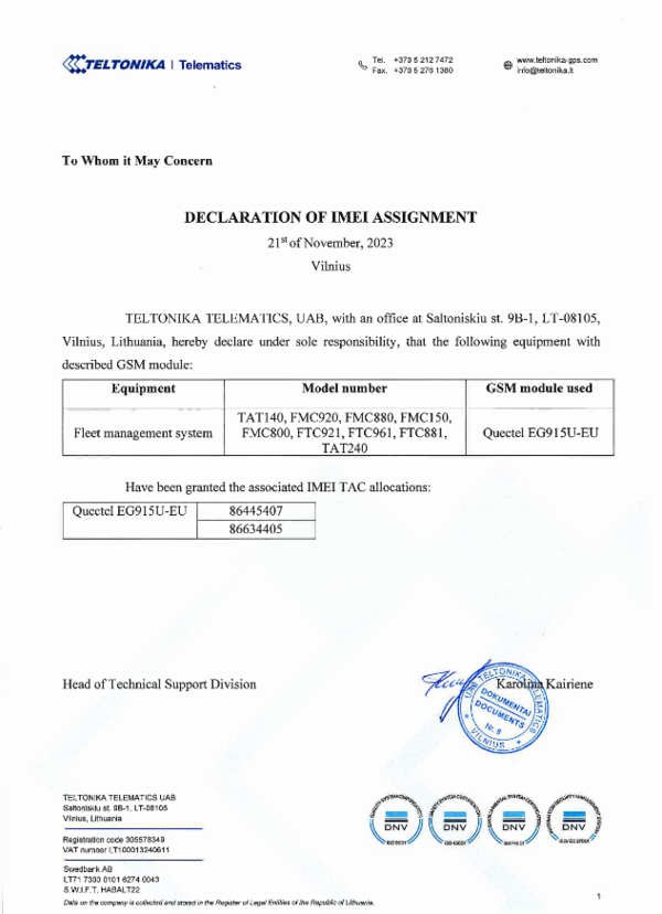 TAT240 Declaration of IMEI assignment - Wiki Knowledge Base | Teltonika GPS