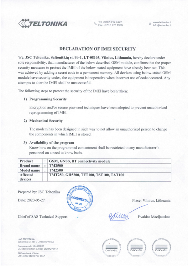 TFT100 Declaration of IMEI security Wiki Knowledge Base Teltonika GPS